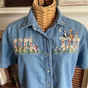 Vtg Bill Blass cat embroidered top S